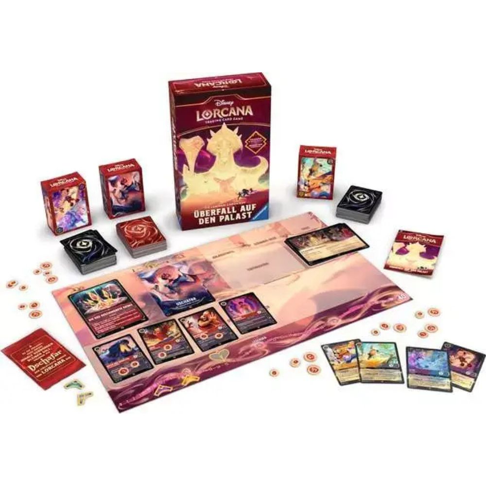Spielinhalte von Lorcana „Überfall auf den Palast“ mit Karten, Matten und Token