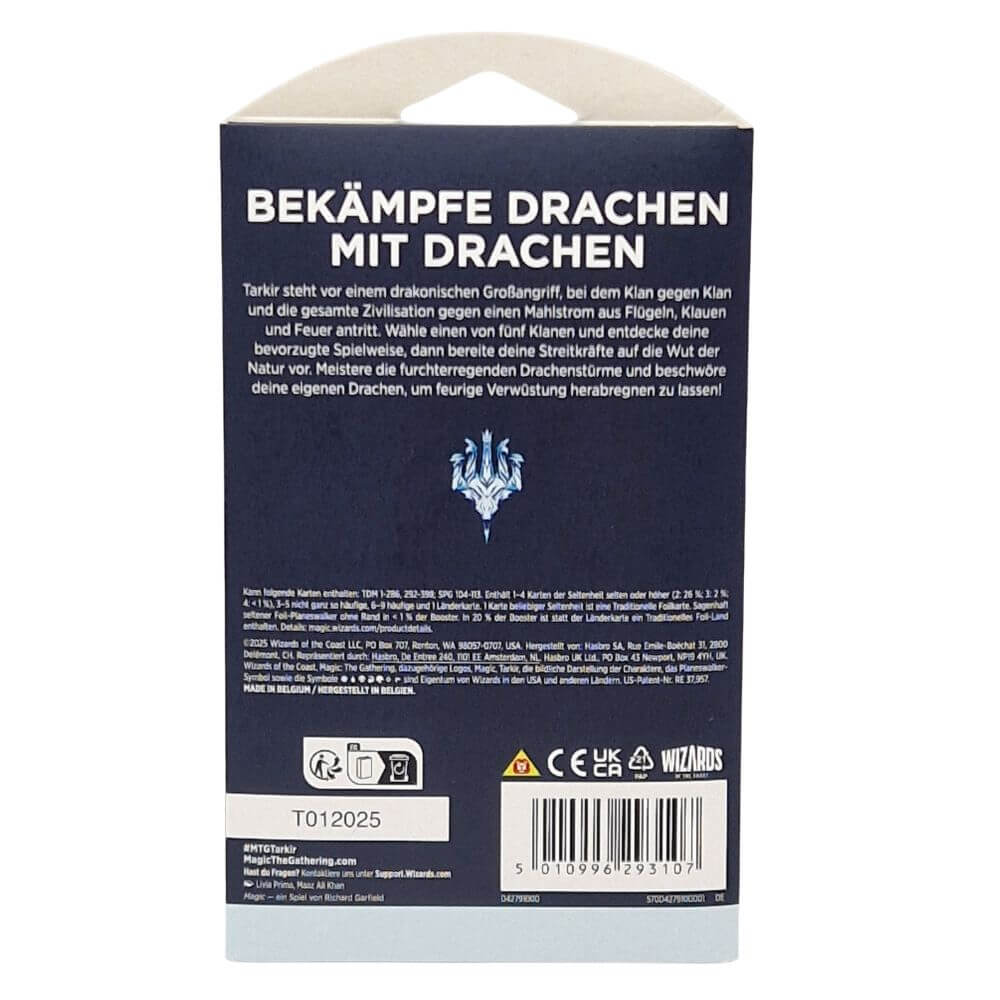 Rückseite des Magic: The Gathering – Tarkir Drachensturm Sleeved Boosters (Deutsch) mit Flavourtext über Drachen, Clans und epische Schlachten