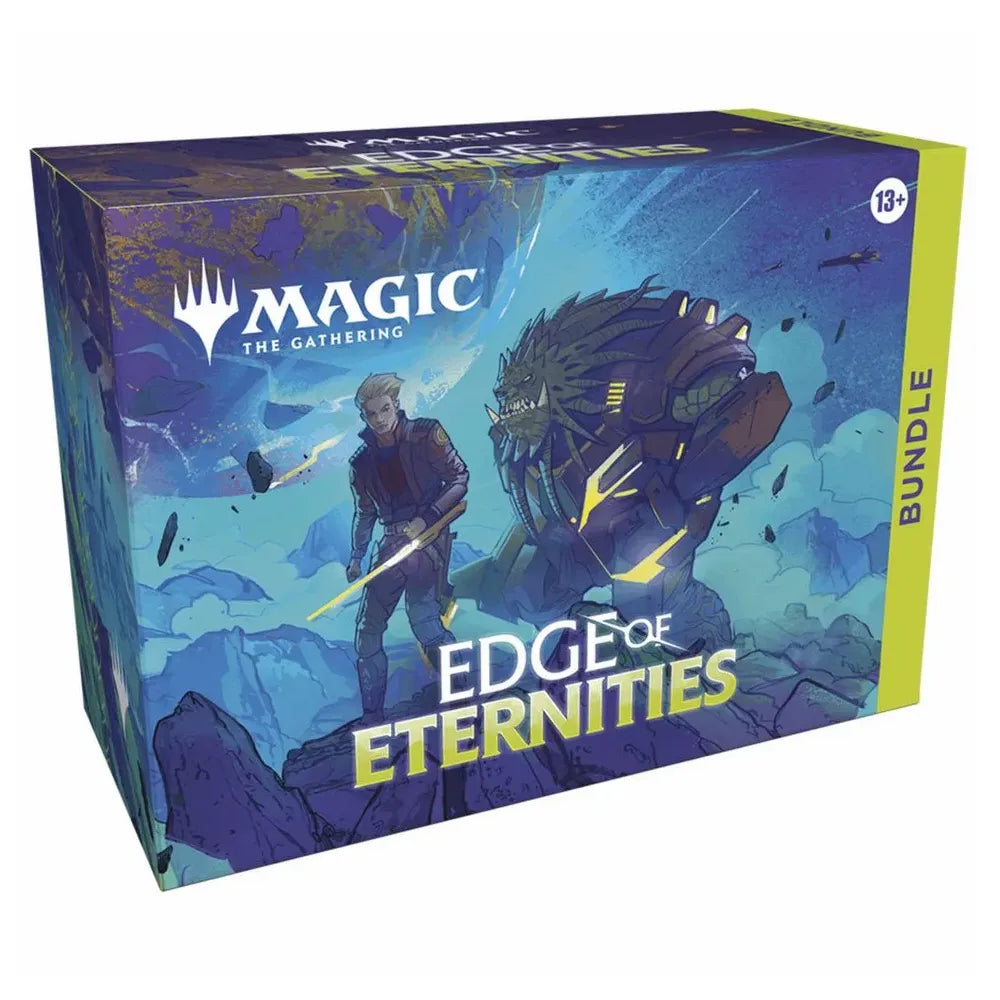 Magic The Gathering Edge of Eternities Bundle auf Englisch – Science-Fiction-Artwork mit zwei futuristischen Charakteren vor blauer Landschaft