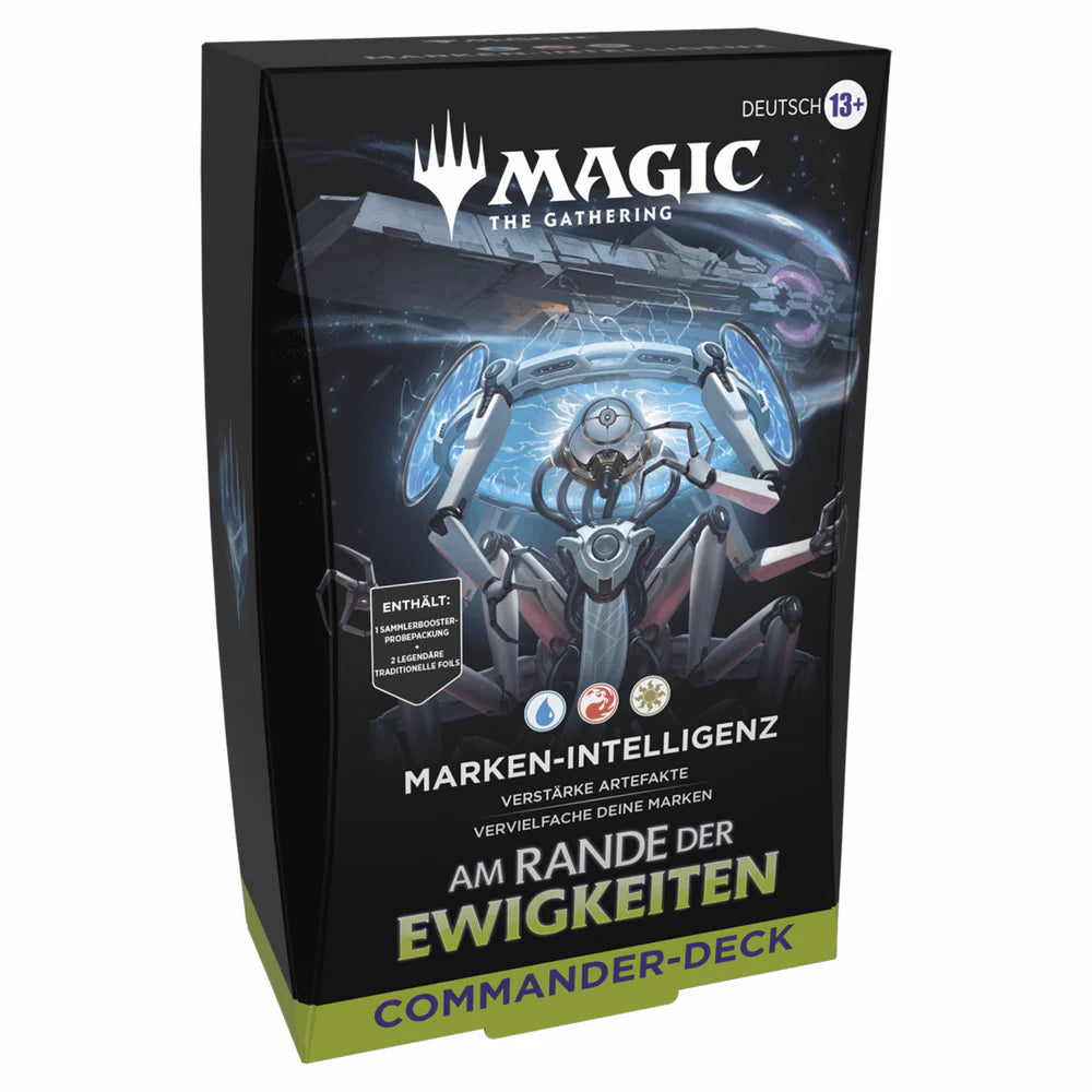 Magic The Gathering Commander Deck Marken-Intelligenz auf Deutsch – Roboter mit blauen Energiekreisen vor einem Raumschiff, Verpackungsvorderseite