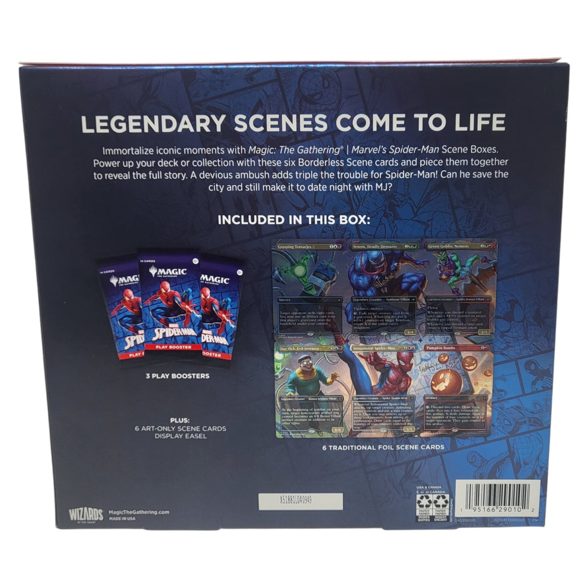 Magic: The Gathering Marvel Spider-Man Scene Box Spidey’s Spectacular Showdown Rückseite mit Inhalt (Englisch)