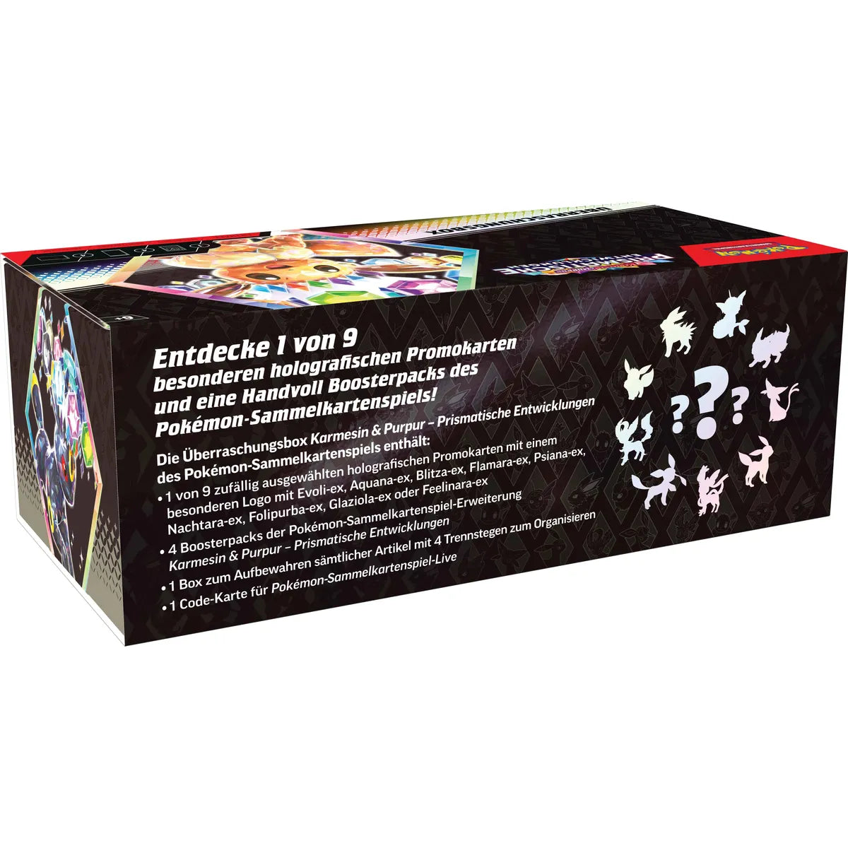 Pokémon Prismatische Entwicklungen Überraschungsbox (Deutsch) Rückseite mit Inhalt und Infos