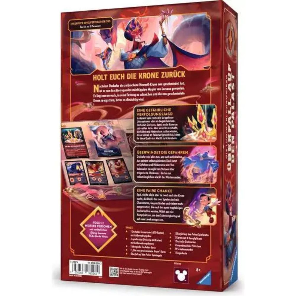 Rückseite der Lorcana Koop-Erweiterung „Überfall auf den Palast“ mit Features