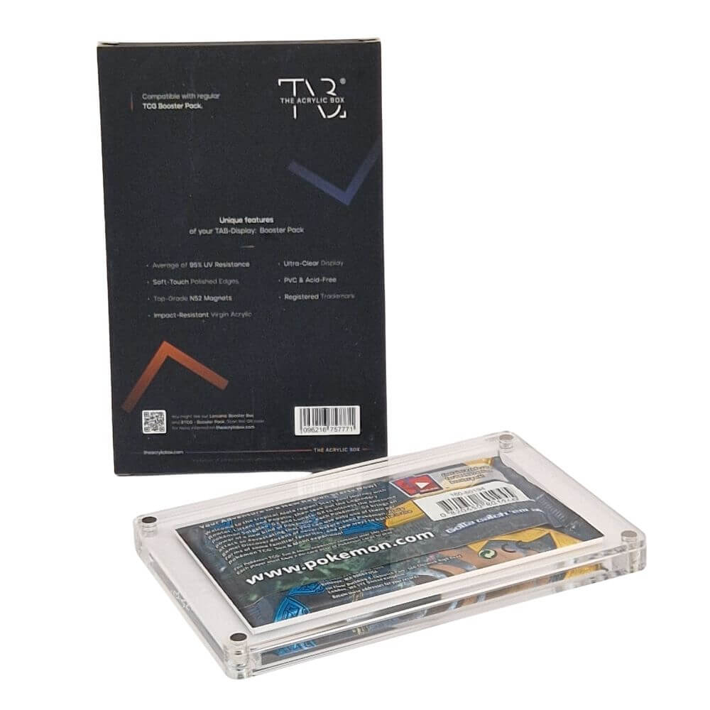 Booster Schutz Case von The Acrylic Box mit Verpackung – Rückseite und liegendes Display