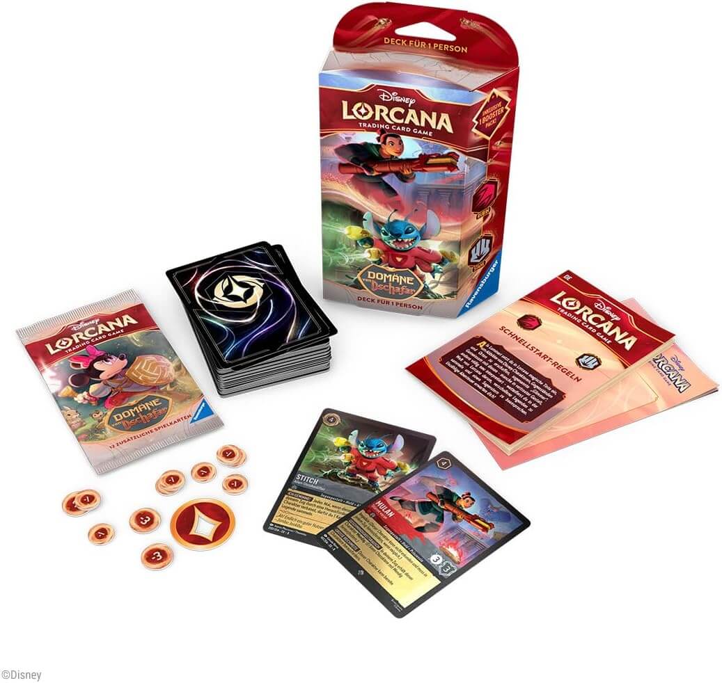 Lorcana Deck mit Stitch und Mulan, Boosterpack, Karten und Spielregeln, Inhaltsübersicht