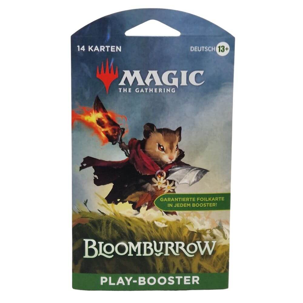 Frontansicht des Magic Bloomburrow Sleeved Boosters (Deutsch) mit bewaffneter Maus auf dem Cover