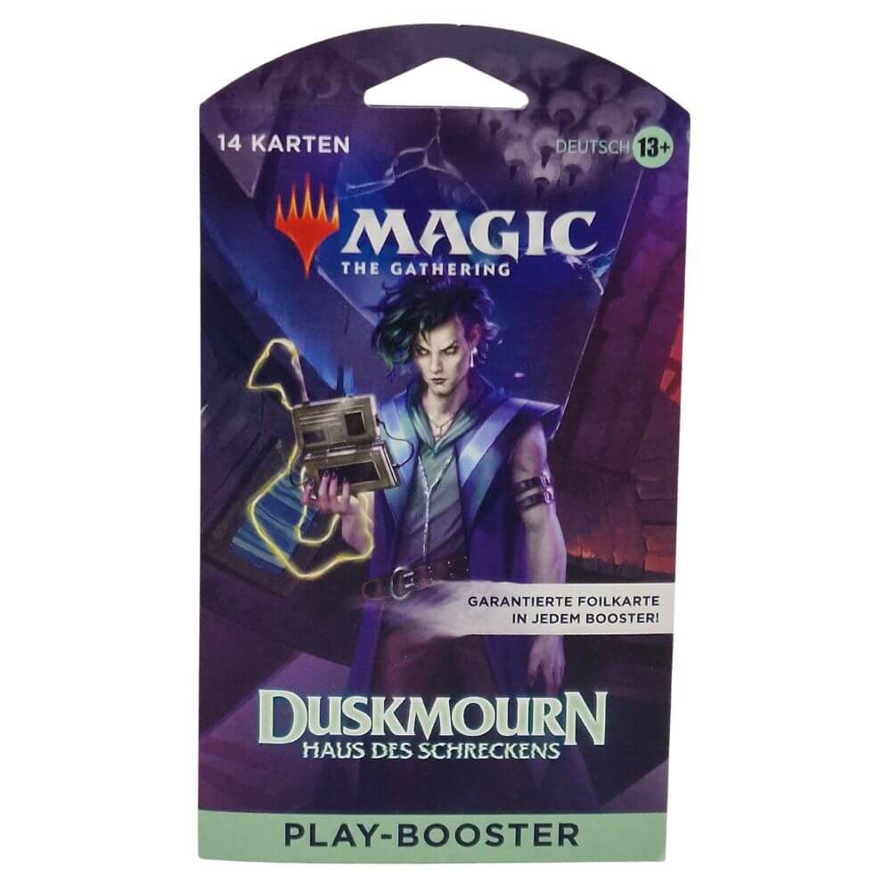 Magic: The Gathering – Duskmourn Sleeved Booster (Deutsch) mit geisterhaftem Hausmotiv