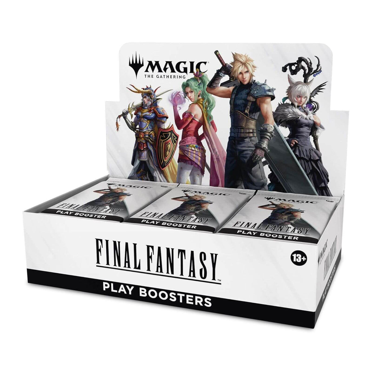 Seitliche Ansicht des Magic: The Gathering – Final Fantasy Booster Displays mit Play Boostern der englischen Edition