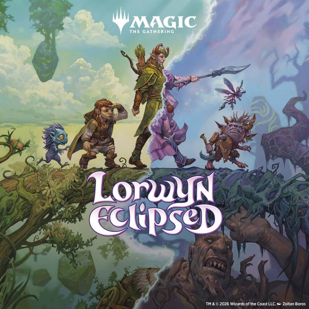 Magic The Gathering Lorwyn Eclipsed Set Artwork mit Abenteurern und Schattenwelt