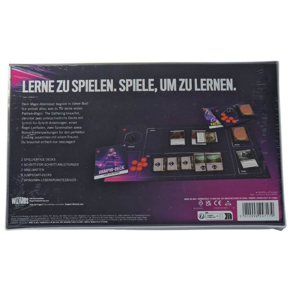 Rückseite der Magic Grundstein Einsteigerbox mit Spielübersicht und Lieferumfang (Deutsch)