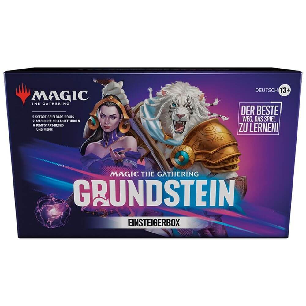 Frontansicht der Magic: The Gathering Grundstein Einsteigerbox mit Artwork von Ajani & Liliana (Deutsch)
