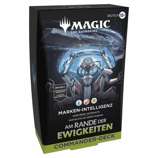 Magic The Gathering Commander Deck Marken-Intelligenz auf Deutsch – Roboter mit blauen Energiekreisen vor einem Raumschiff, Verpackungsvorderseite
