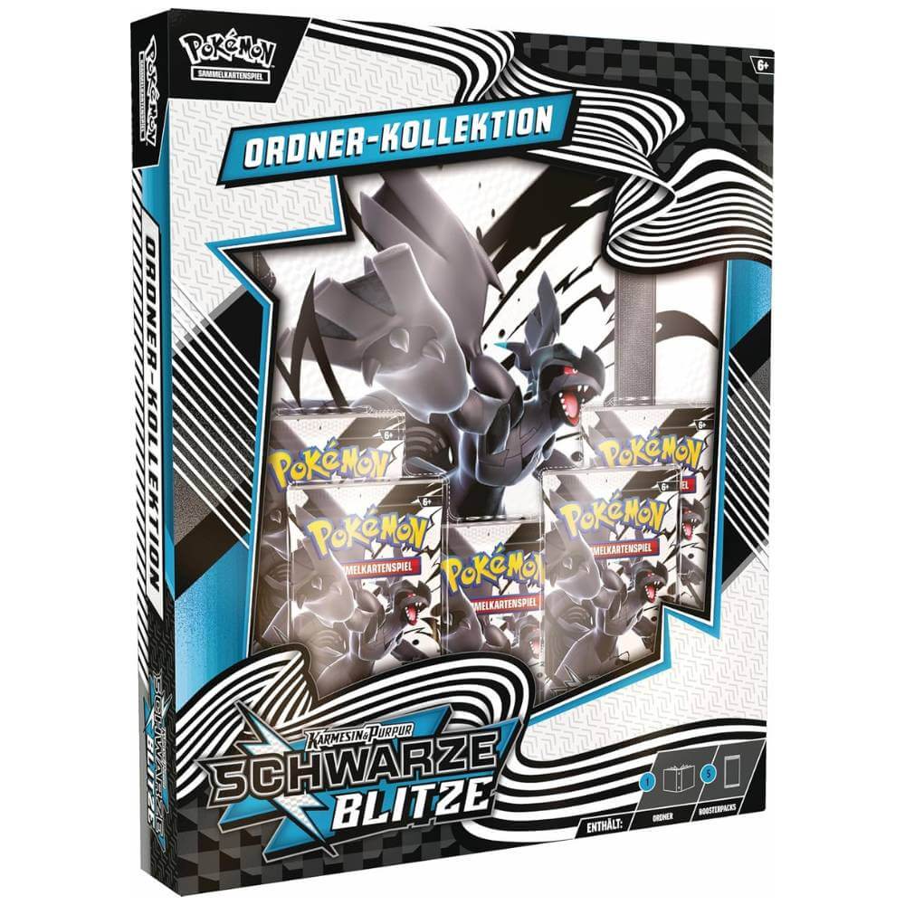 Verpackungsvorderseite der Pokémon Schwarze Blitze Ordner-Kollektion mit Zekrom-Design