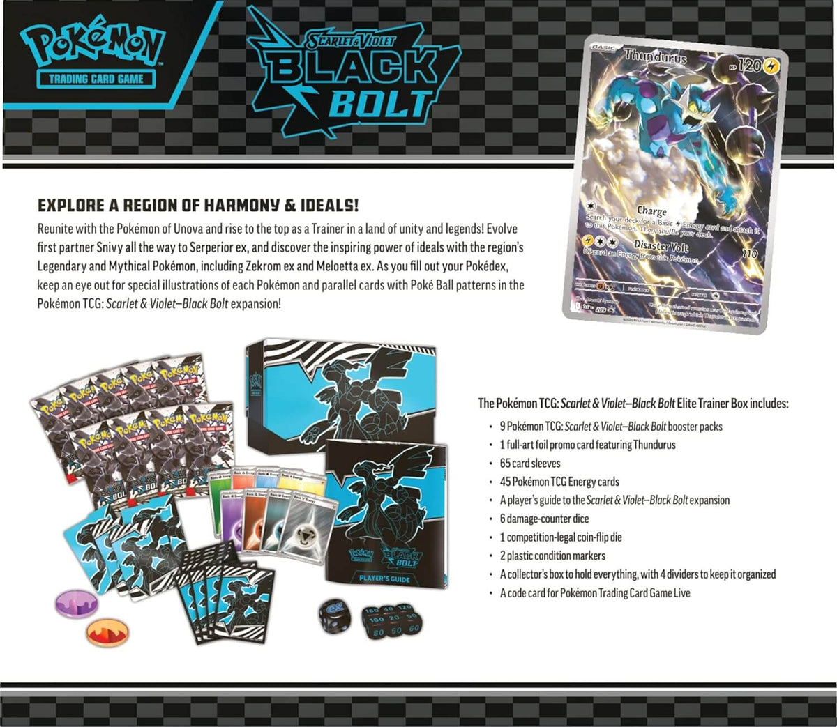 Rückseite mit Inhalt der Pokémon Black Bolt Elite Trainer Box (Englisch)