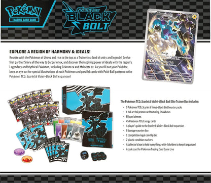 Rückseite mit Inhalt der Pokémon Black Bolt Elite Trainer Box (Englisch)