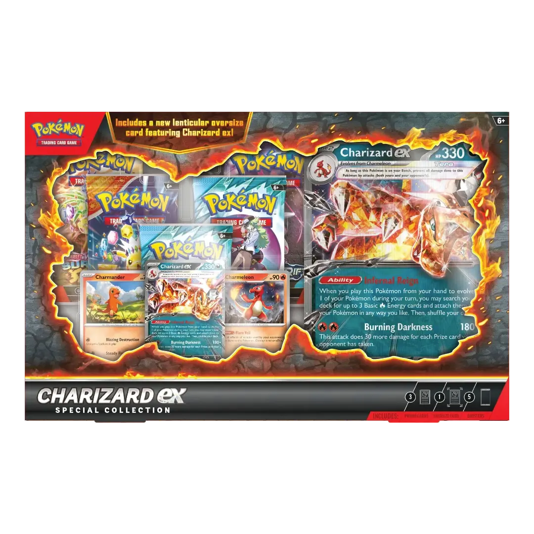 Übersicht der Pokémon Charizard ex Special Collection mit Boosterpacks und Promokarten