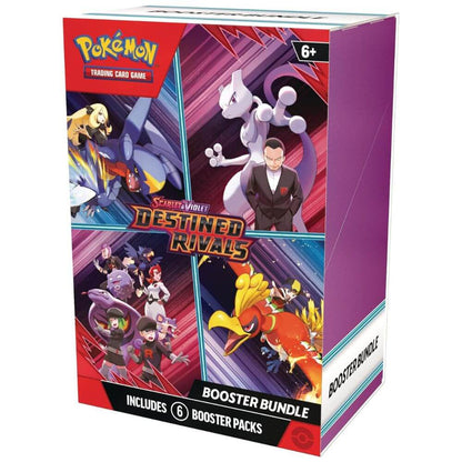 Seitenansicht des Booster Bundles „Destined Rivals“ mit Artwork von Mewtu, Ho-oh, Cynthia & Team Rocket