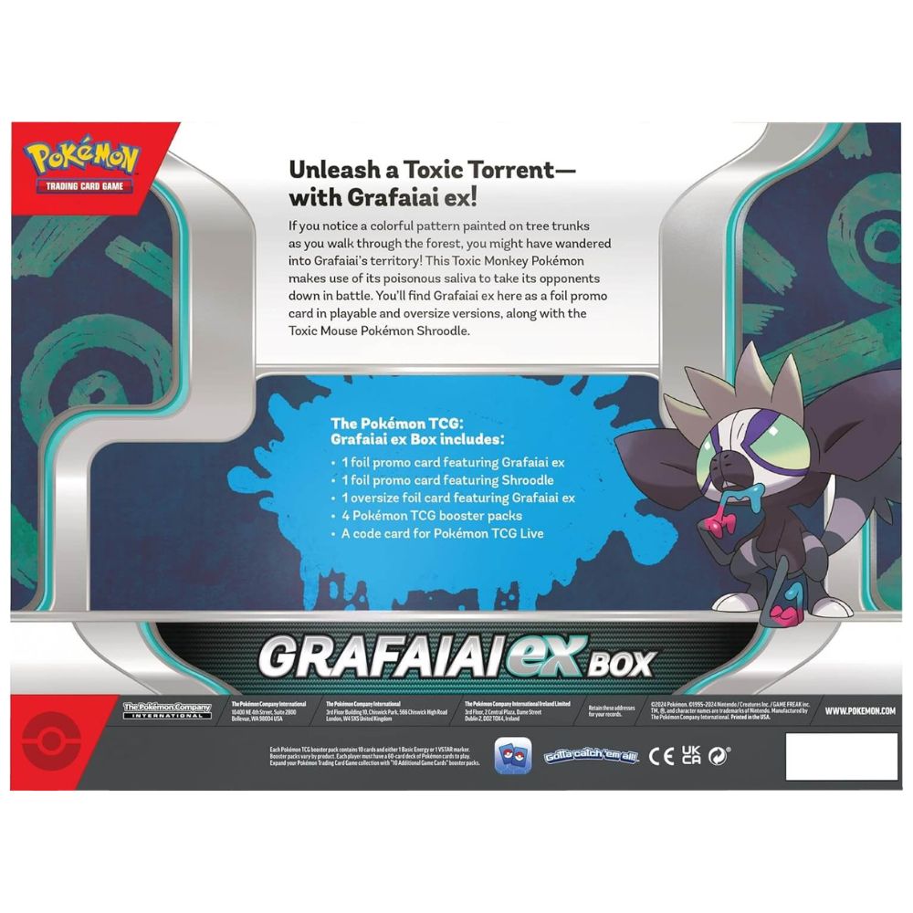 Pokémon Grafaiai ex Collection Box Rückseite mit Inhaltsangabe – EN Version
