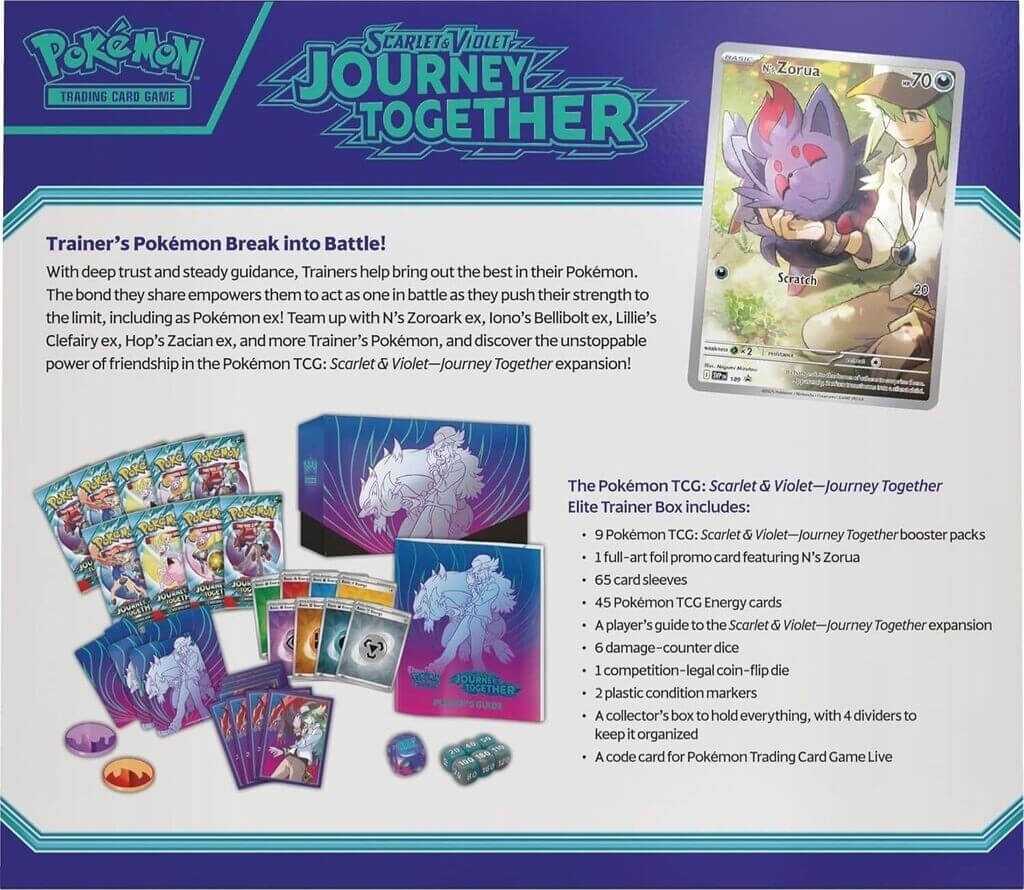 Back of the Pokémon Journey Together Elite Trainer Box detailing contents and features