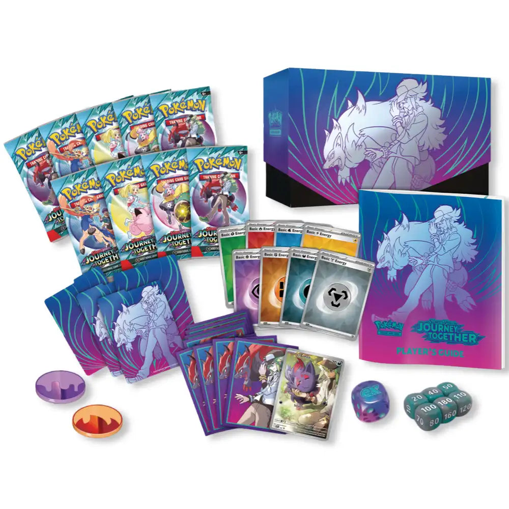 Contents of the Pokémon Journey Together ETB with booster packs, sleeves, promo cards & accessories