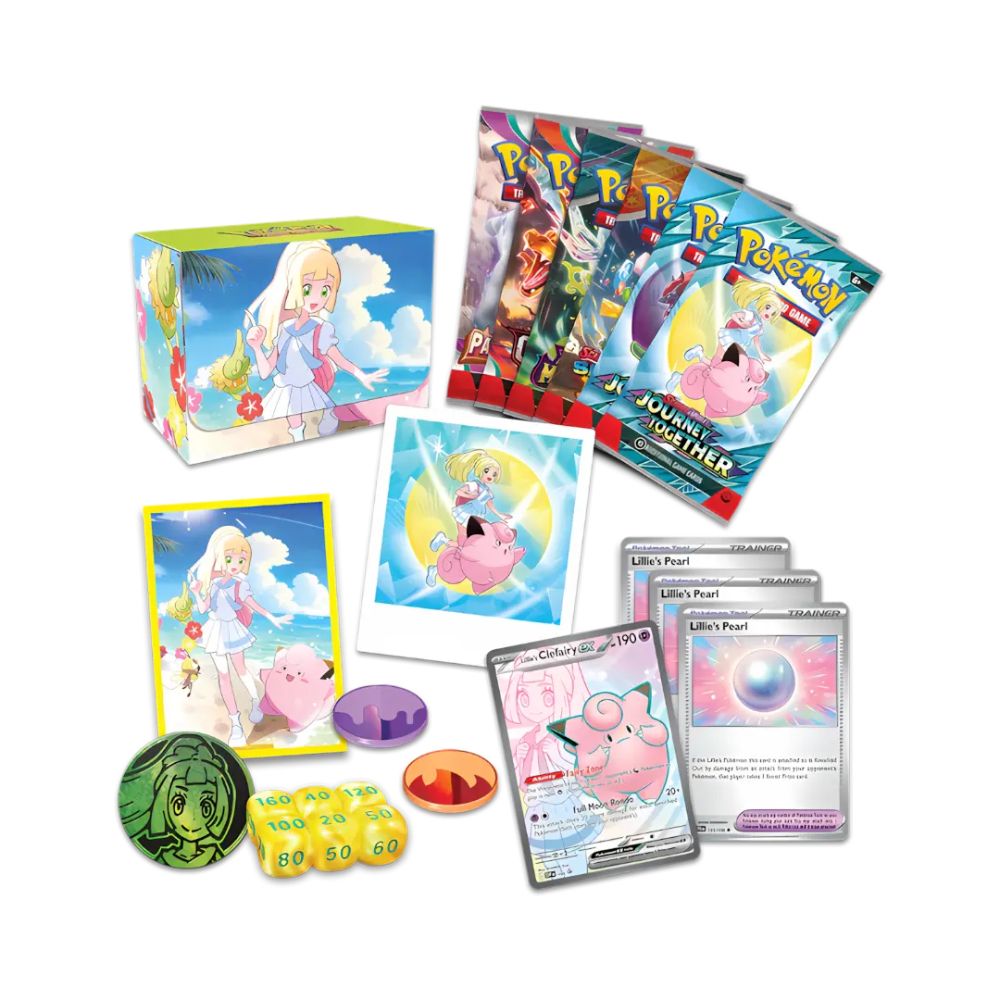 Inhalt der Lillie Premium Tournament Collection – inkl. Boosterpacks, Würfeln, Promokarten & Zubehör