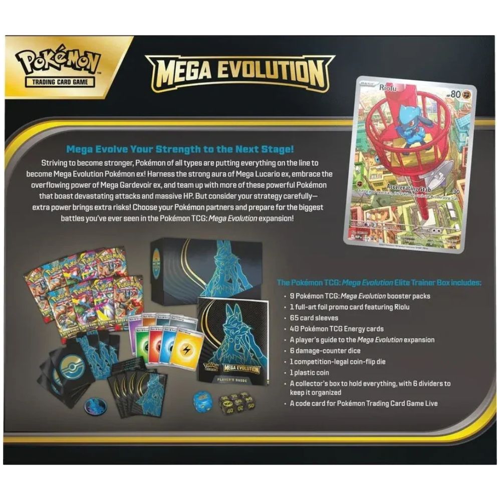 Rückseite der Pokémon Mega Evolution Elite Trainer Box Mega Lucario (Englisch) mit Details und Kartenübersicht