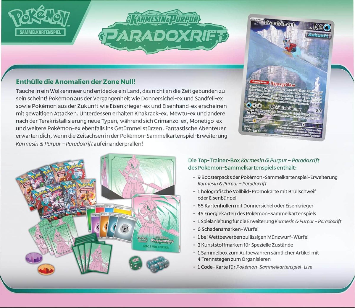 Produktübersicht & Infos zur Paradoxrift Top-Trainer-Box mit Abbildungen der Karten und Extras