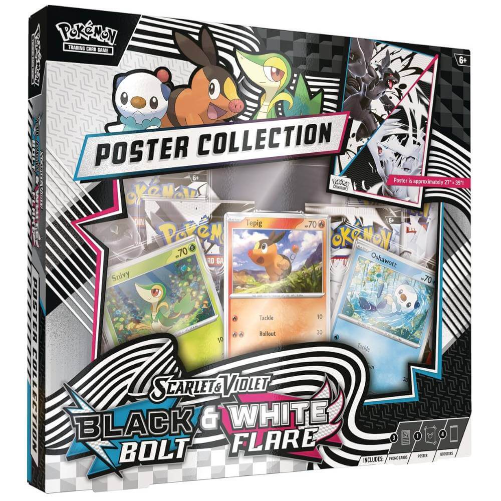 Pokémon Poster Collection Black Bolt & White Flare – Vorderseite der Verpackung mit Karten und Boostern