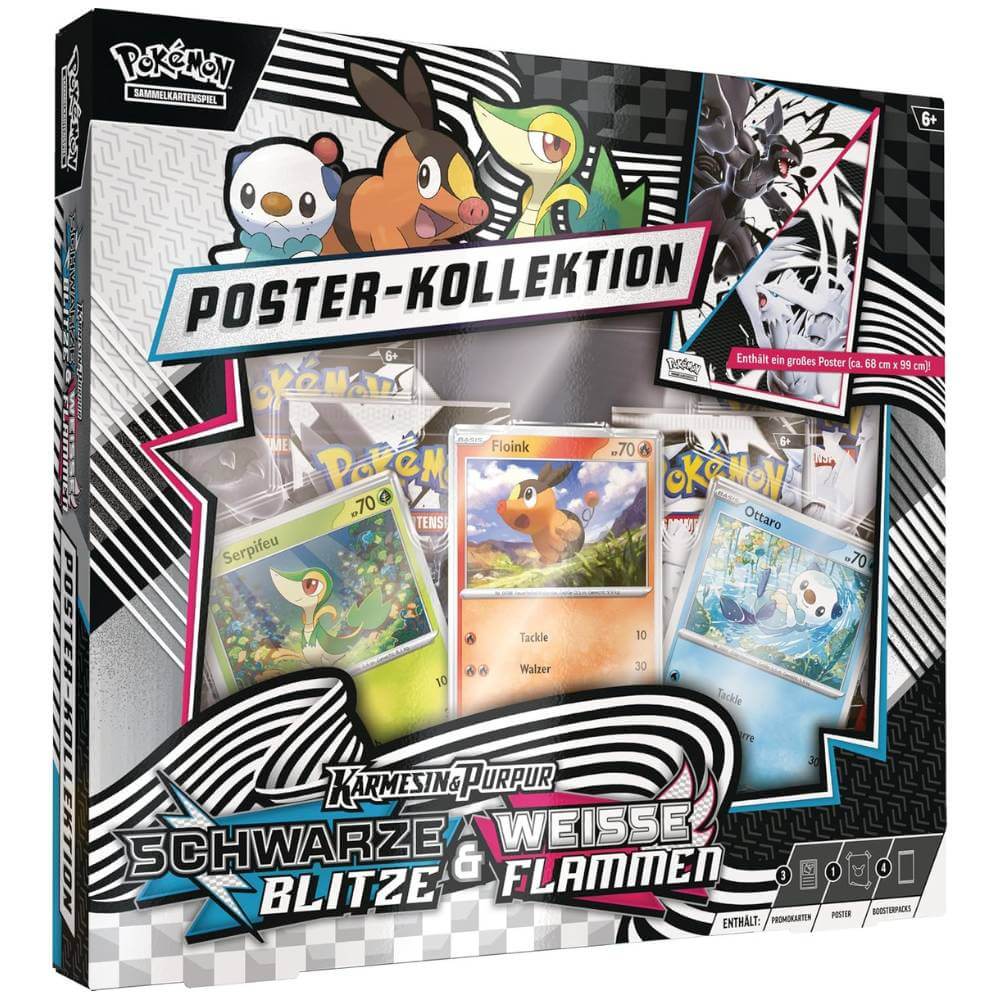 Pokémon Poster-Kollektion Schwarze Blitze & Weiße Flammen – Vorderseite der Verpackung mit Karten und Boostern