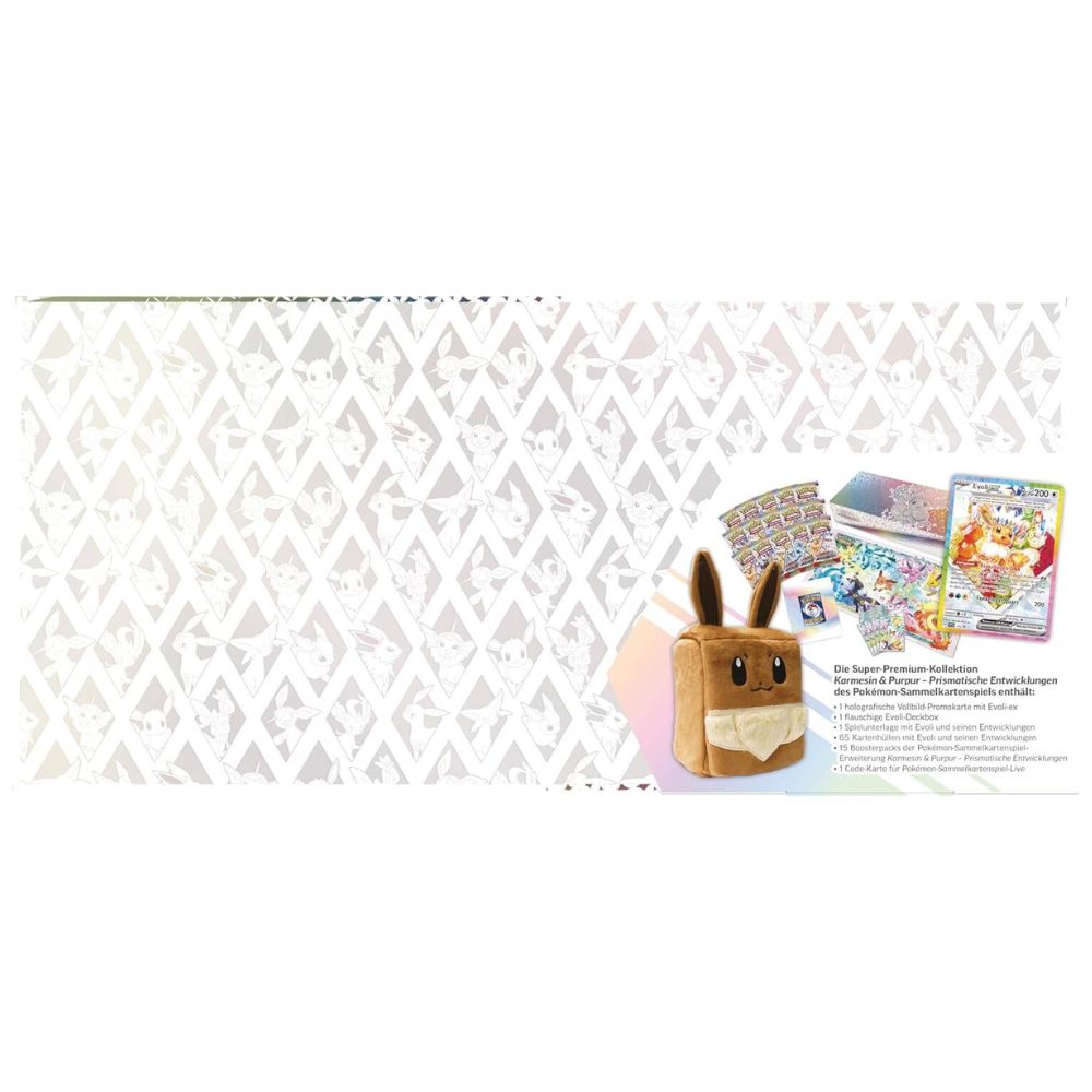 Inhalt der Super-Premium-Kollektion mit Boosterpacks, Evoli-Rucksack, Promokarte, Spielunterlage und Zubehör