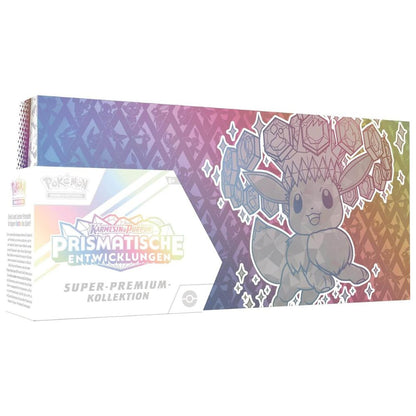 Vorderseite der Pokémon Super-Premium-Kollektion – Prismatische Entwicklungen (DE) mit Evoli