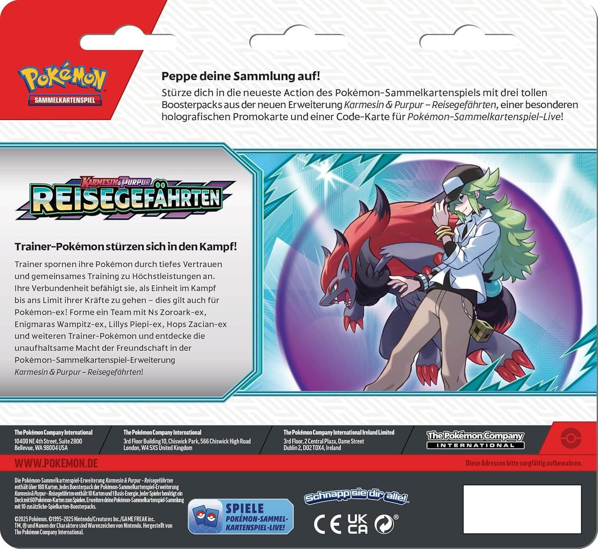 Rückansicht der Reisegefährten Blisterverpackung mit Text und Design