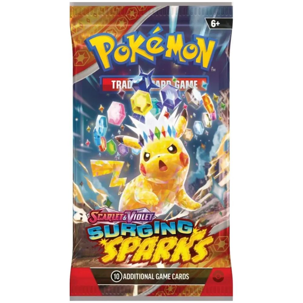 Frontansicht des Pokémon Surging Sparks Boosterpacks (EN) mit Pikachu und Juwelenmotiv